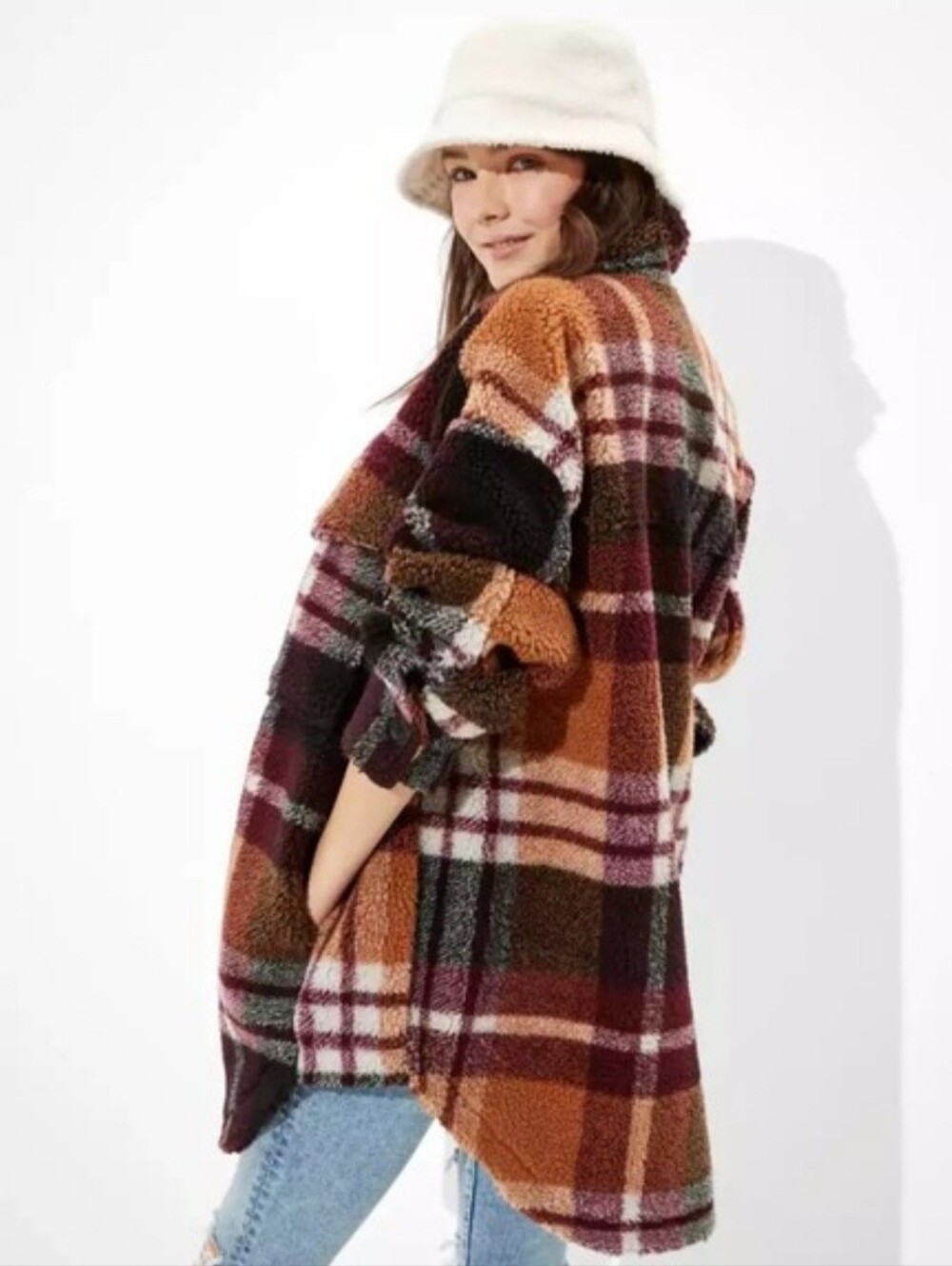 American Eagle Outfitters Sherpa Plaid Shirt Jacket Coat Size XL Oversized